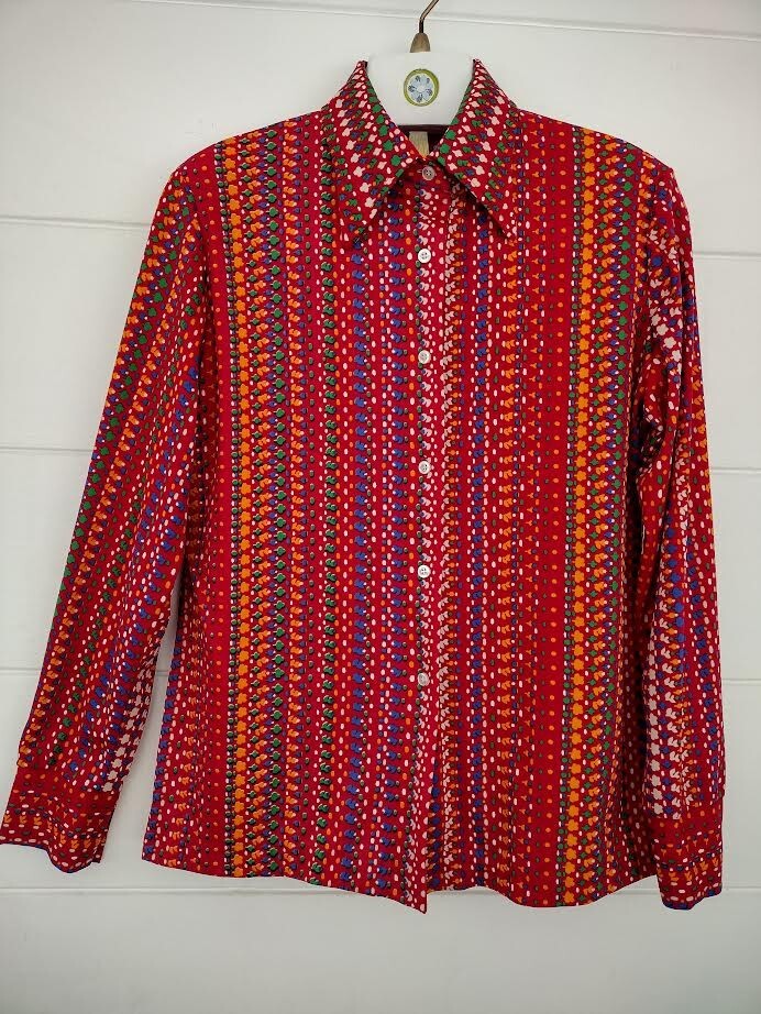 Vtg 70’s Psychedelic Dager Collar Button-Up Shirt M/L Red Multi Floral Stripe