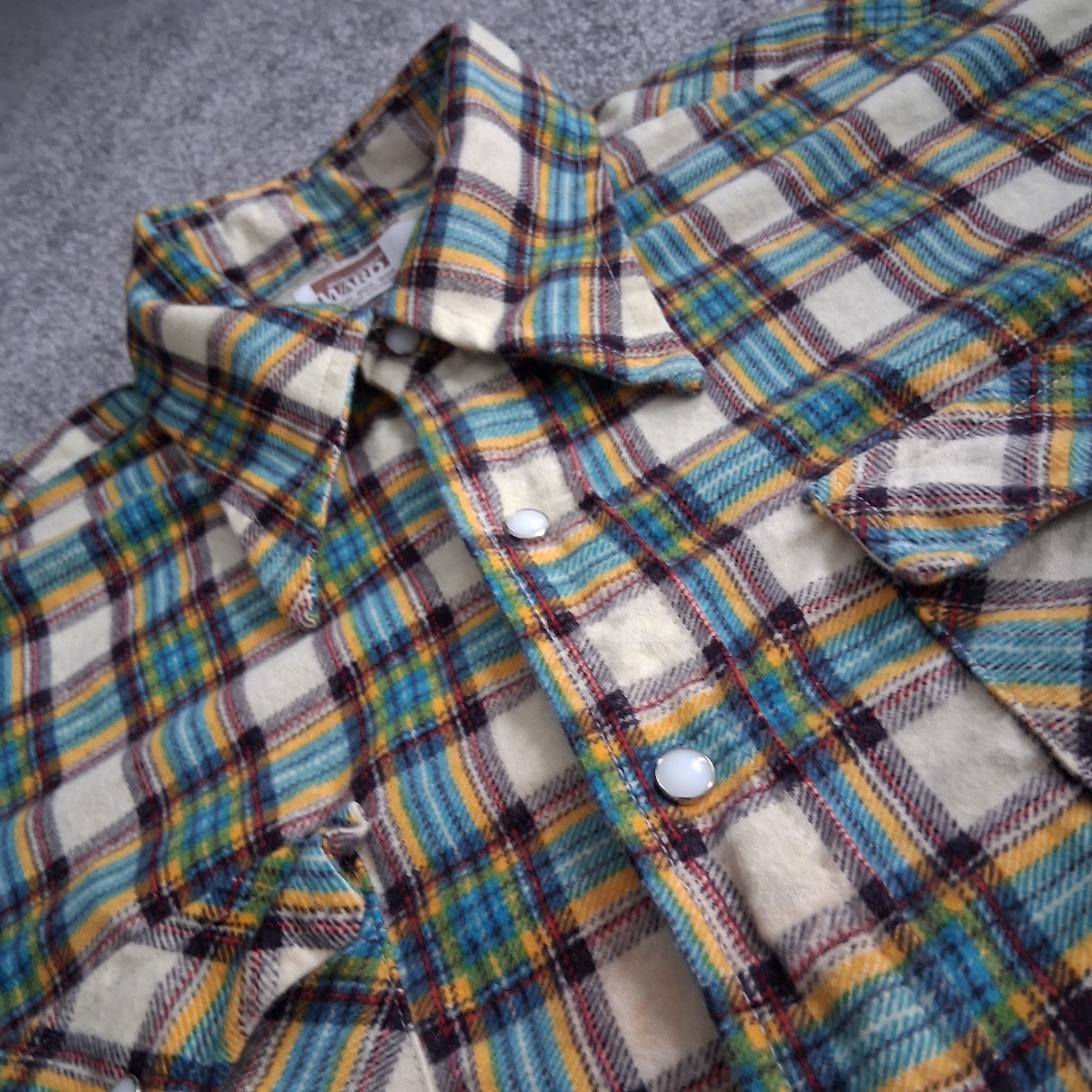 Vtg 70s Montgomery Ward Plaid Flannel Shirt | Retro Blue Yellow White Grunge L