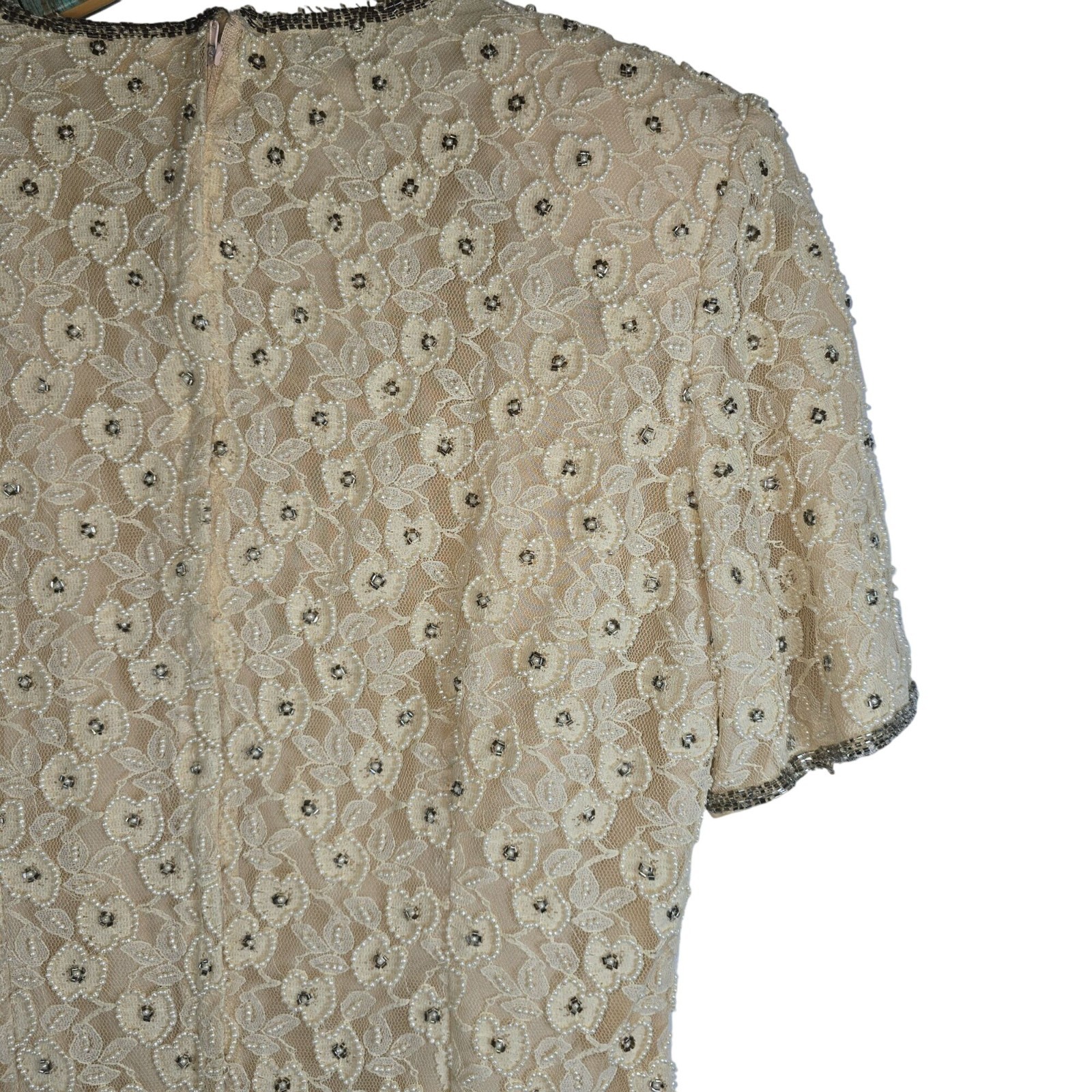 Vintage Stenay White Pearl Silver Bead Champagne Lace Mini Sheath Cocktail Dress
