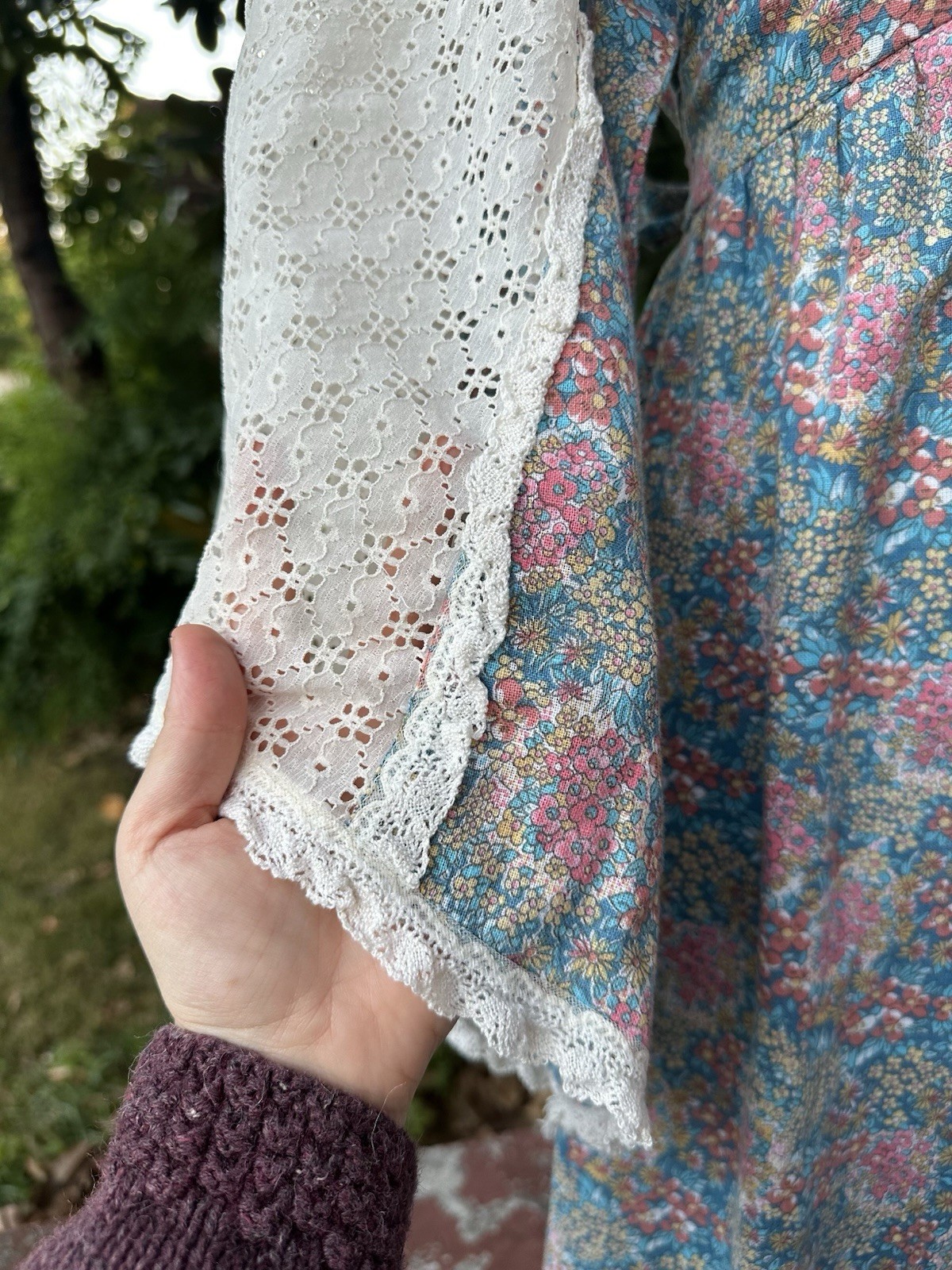 1970s Vintage Boho Prairie Floral Dress W/ Bell Sleeves