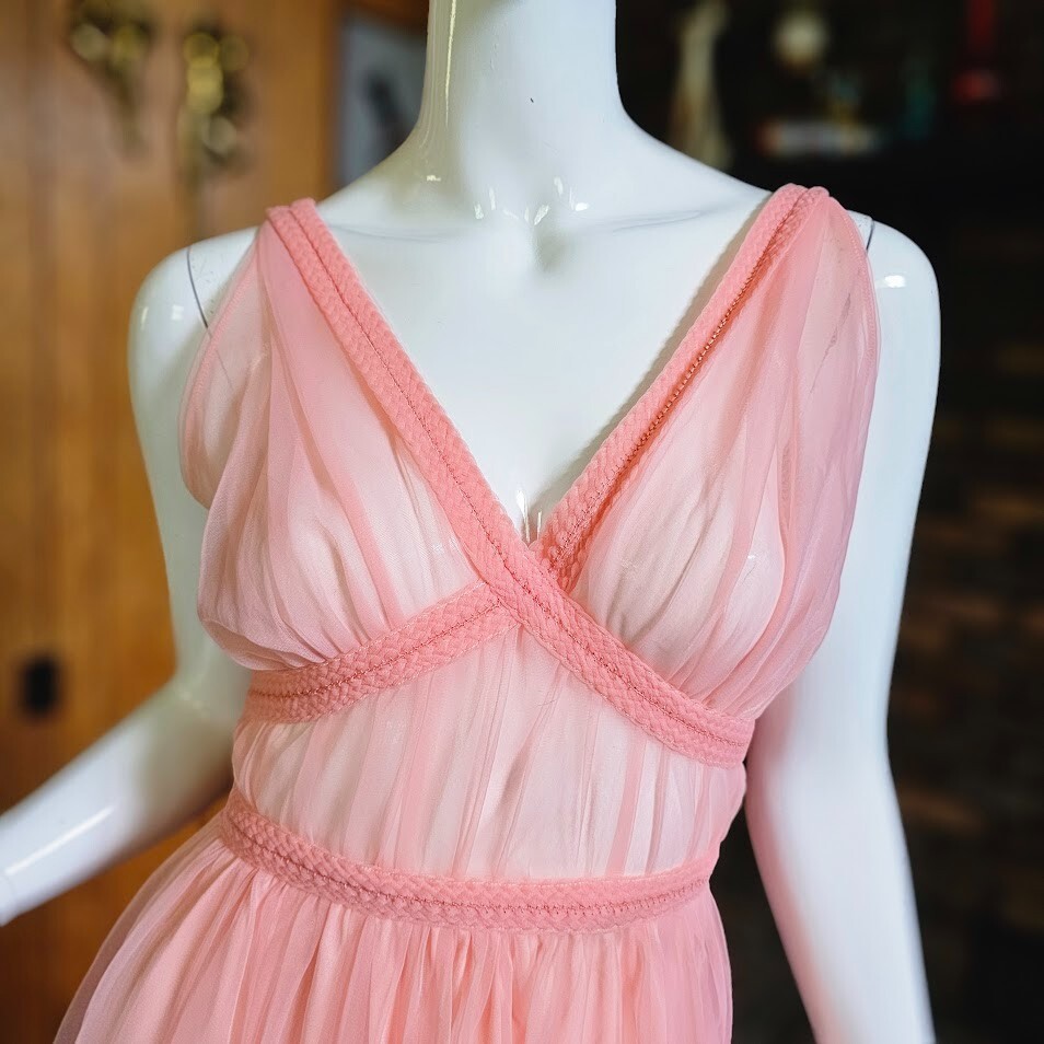 Vtg 60s Candy Pink Sheer Double Chiffon Grecian Pinup Nightie Pajama Dress S/M
