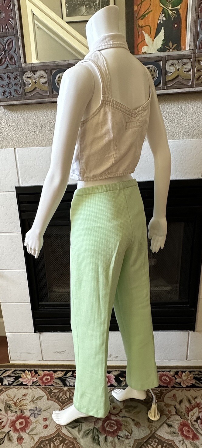Green Plaid Polyester Pants 31×28 Lightweight Elastic Waist Vtg 70’s
