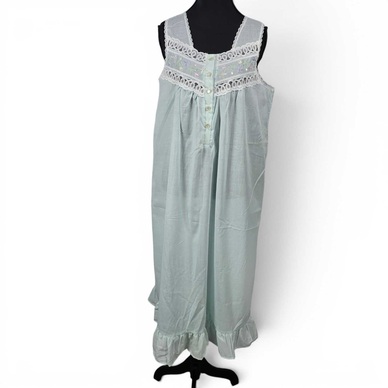 Cinejour Vintage Mint Green Embroidered Lace Trim Ruffle Hem Nightgown Medium