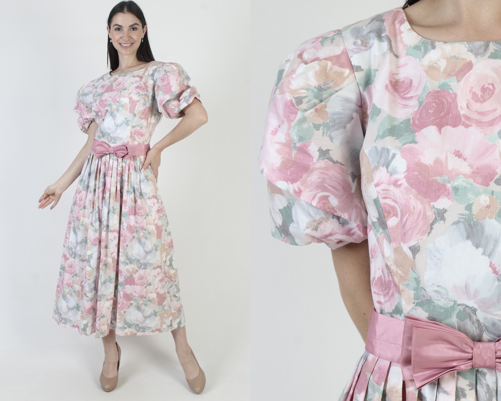 Vtg 80s Lanz Originals Romantic Floral Dress Tea Prairie Pink Full Skirt Gown