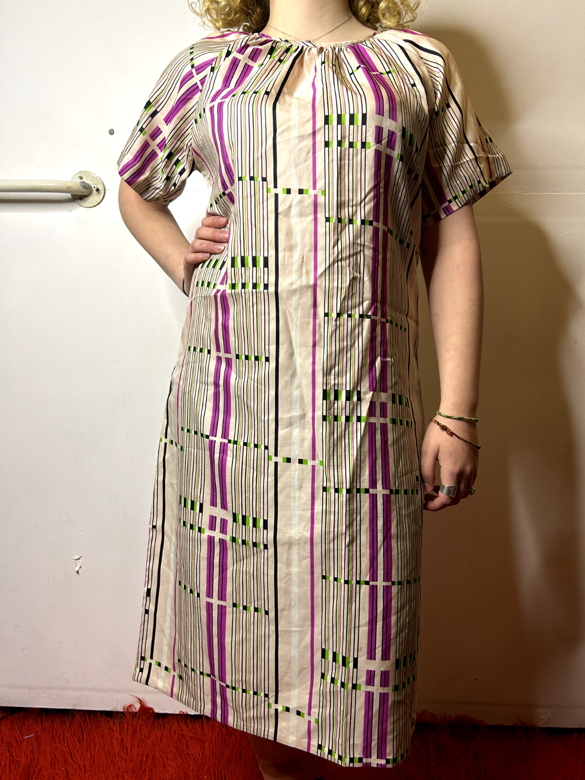 Vintage 1970s Smock Dress Gathered Neckline Short Sleeve Geometric Print AU 14