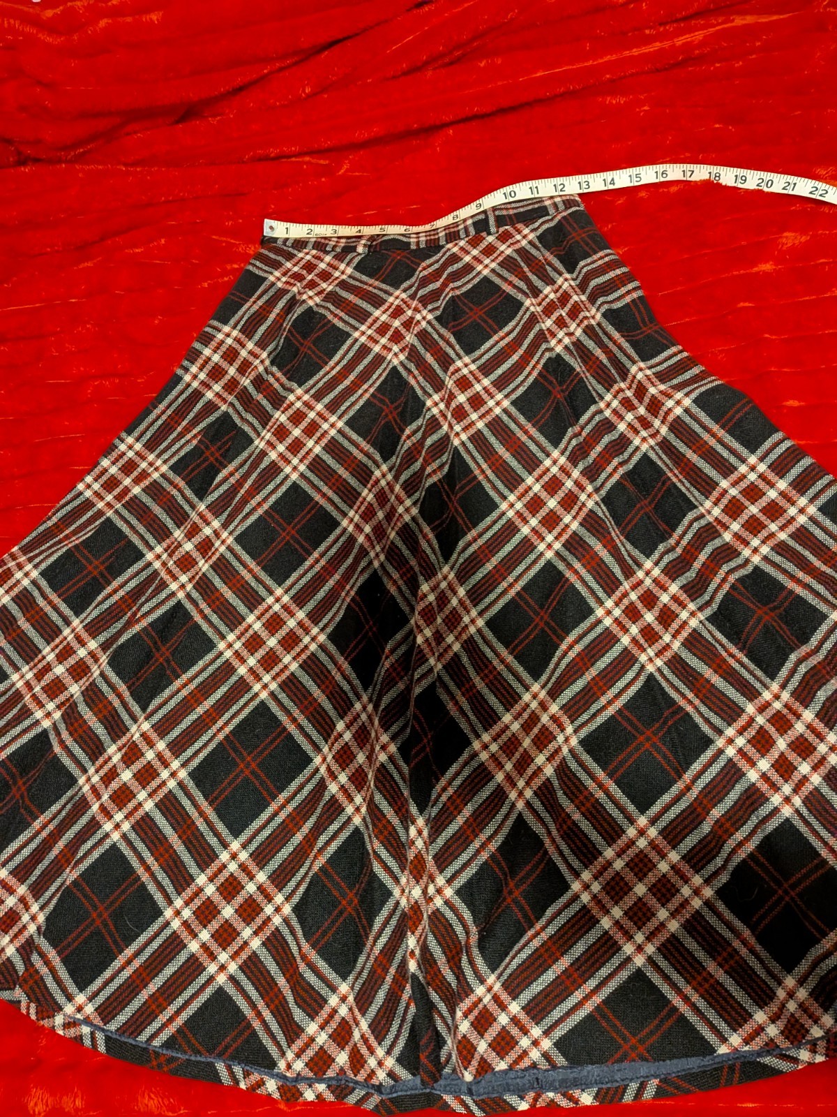 vintage wool blend plaid midi skirt set; Barclay Square, red black white brown