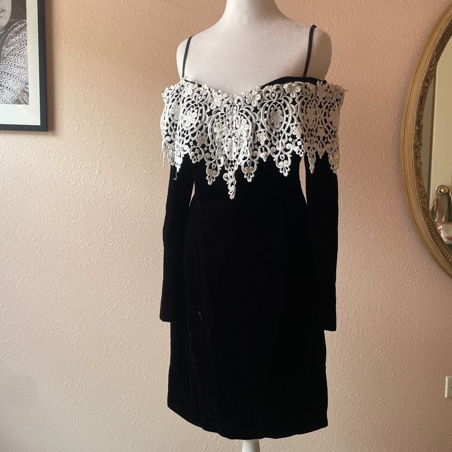 Vintage 80s / 90s Velvet Off the Shoulder Lace Cocktail Dress