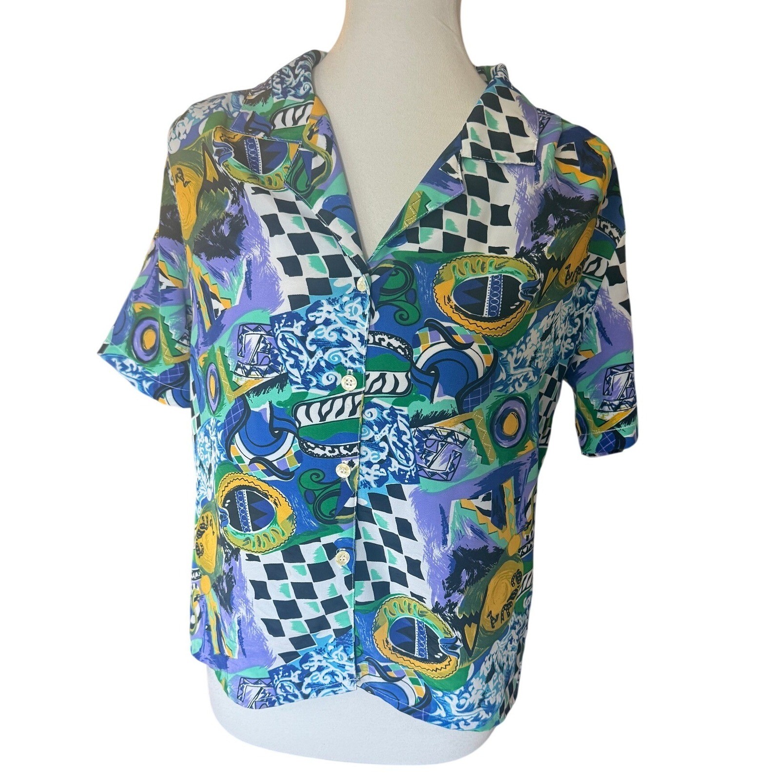 Vintage Petite Impressions Abstract Geometric Print Button Up Shirt Multi Color