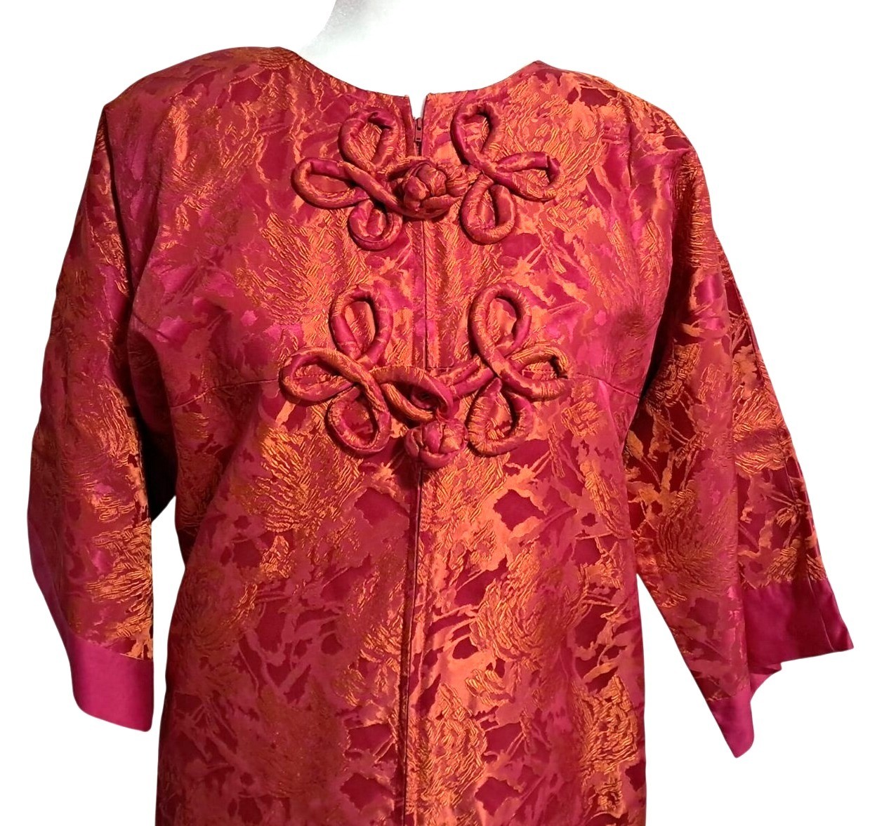 Vintage Pink & Orange Brocade Kimono Dress With Mandarin Collar Frog Buttons Hel