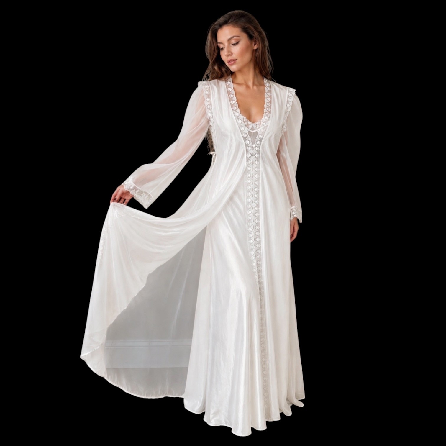 Vintage Valisere Nightgown Robe Peignoir Set Sz 42 XS/S Ivory Bridal Lace Sheer