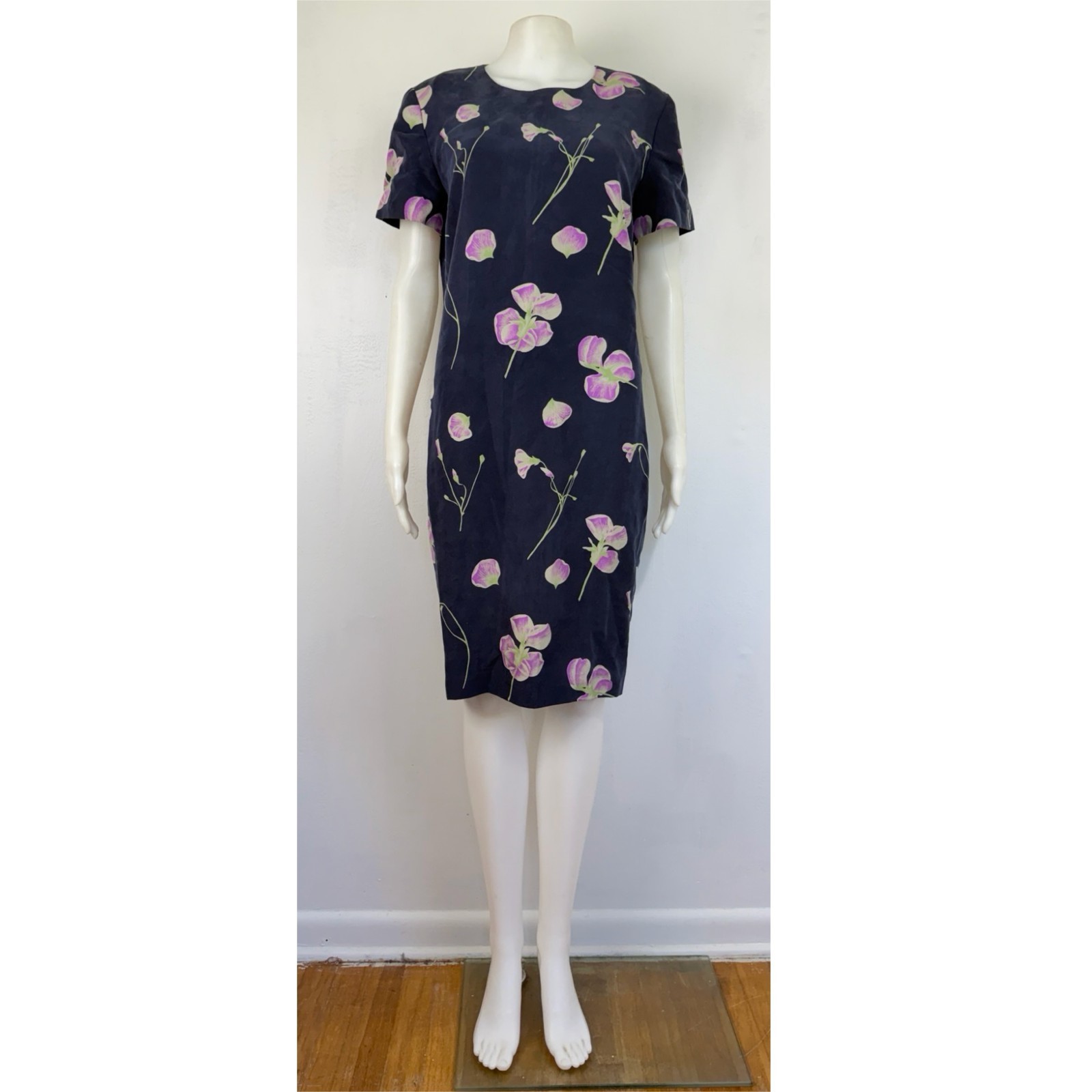 Vintage Iris Print Silk Dress Size Medium 90s Dark Blue/Purple Floral Garden