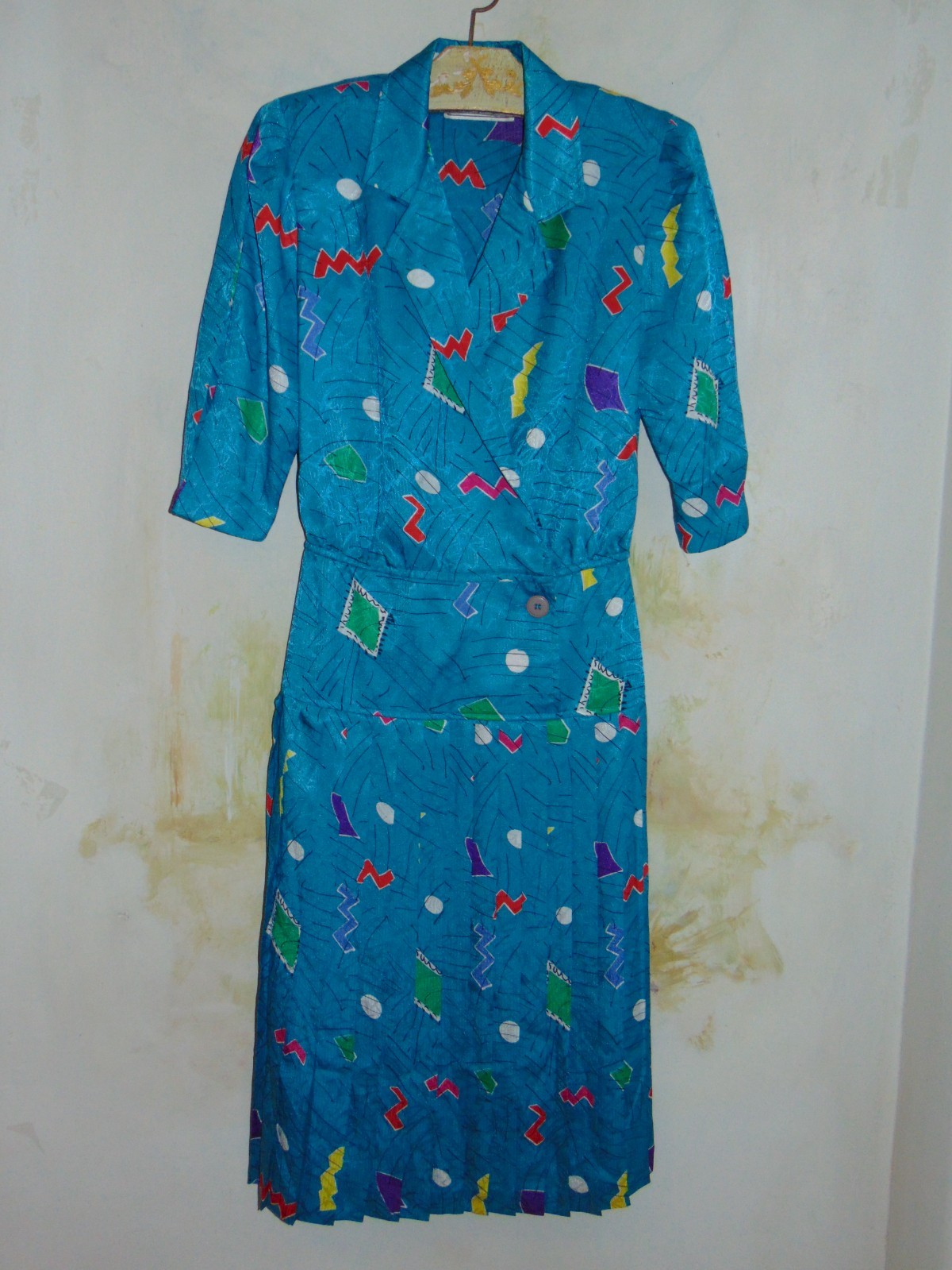 Vintage 80’s La Petite Connection Knee Length Midi Blue Geometric Pleated Dress
