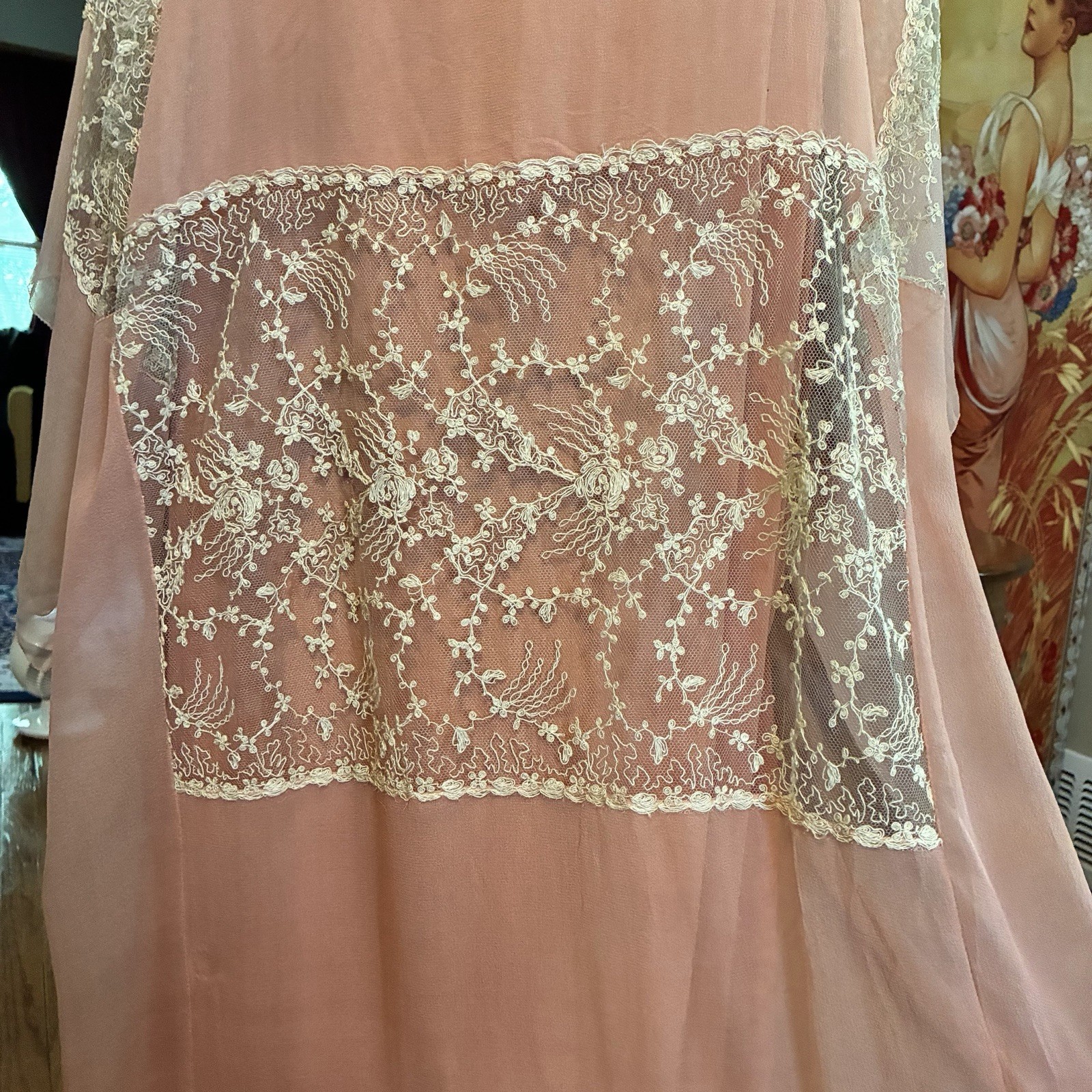 Antique 1920S Pink Silk Chiffon Kafton Brussels Tambour Cabbage Roses Lace