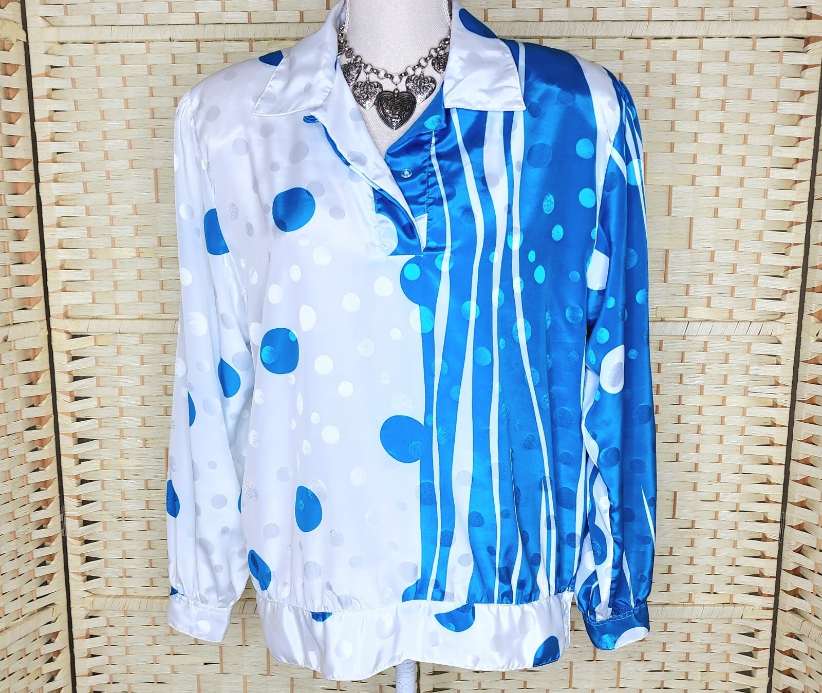 Vintage 80s Stuart Land Blue & White Satin Top Size 12