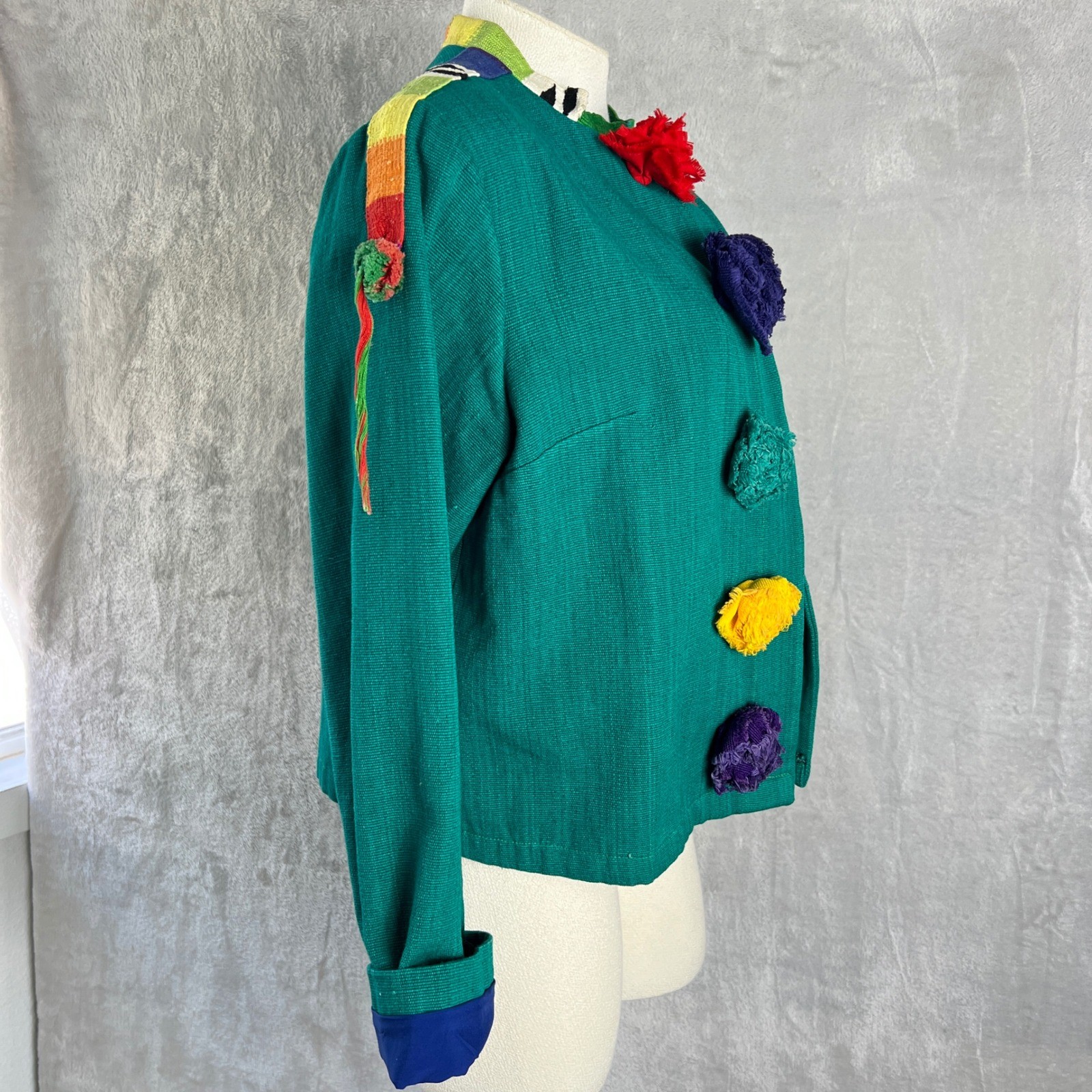 Vintage Women’s Art To Wear Pom Pom Jacket Green size Medium colorful funky