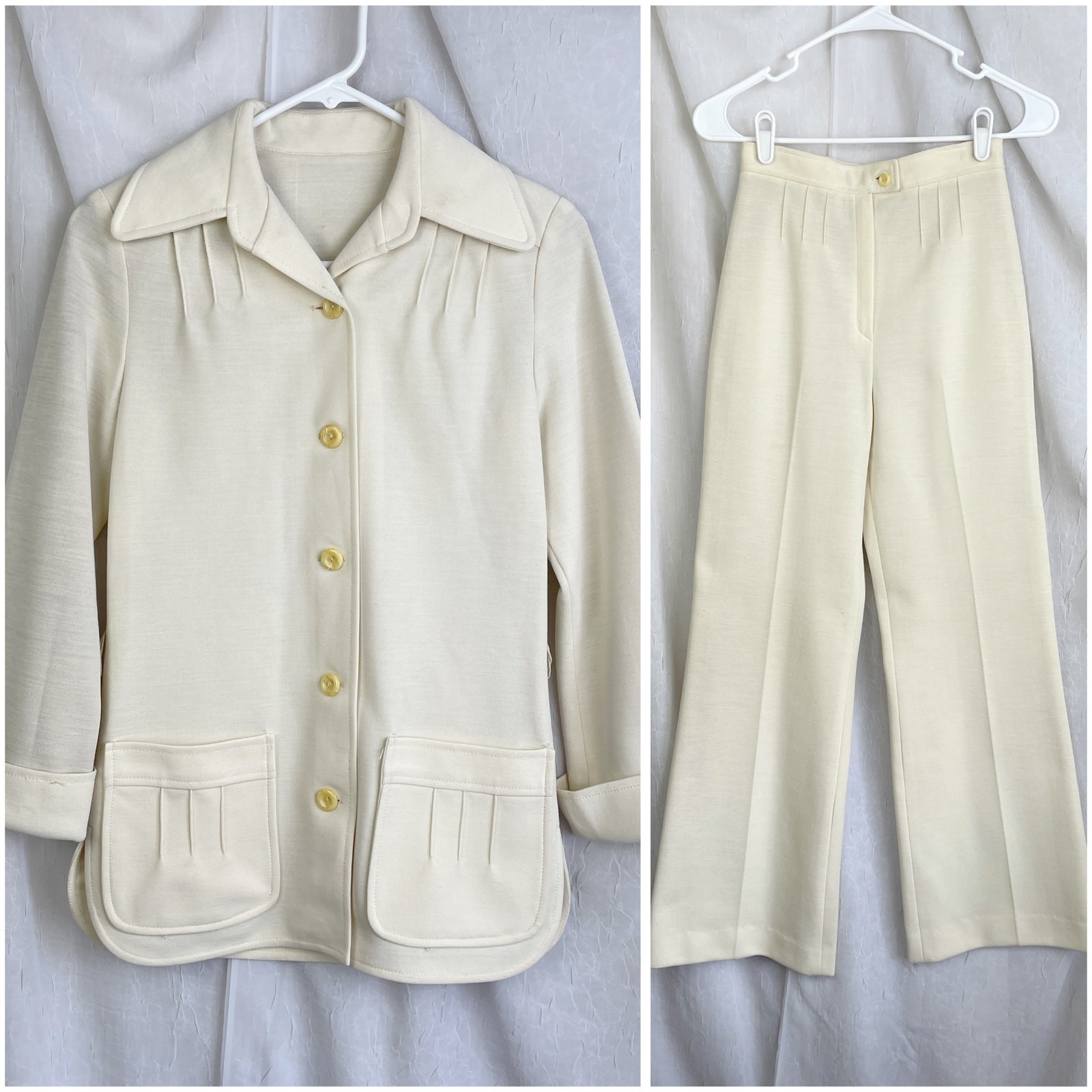 VTG 70’s Cream Blazer Jacket & High Waist Wide Leg Pants Suit Set Retro Size XS