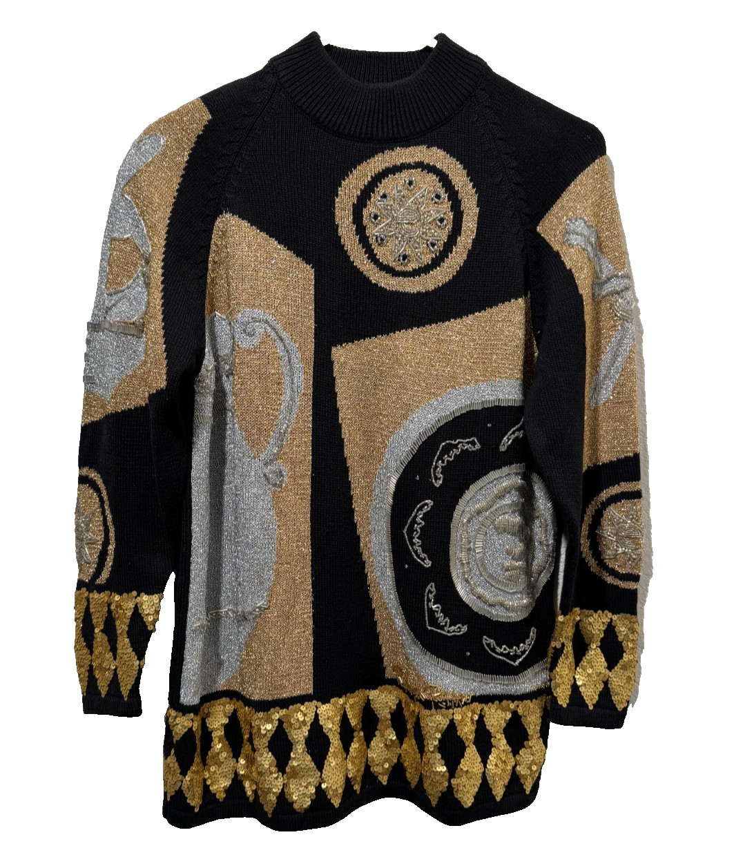 Vintage 80s Metallic Gold Silver Black Party Sweater Holiday Cocktail S Bling