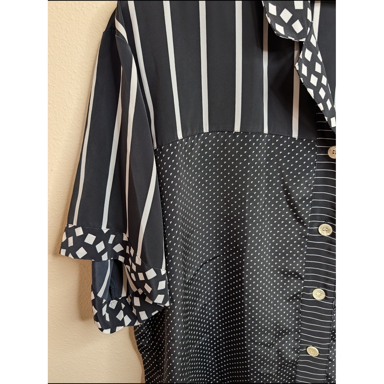 TanJay 20W Vintage Mixed Pattern Blouse Black White Stripe Polka Dot Geometric