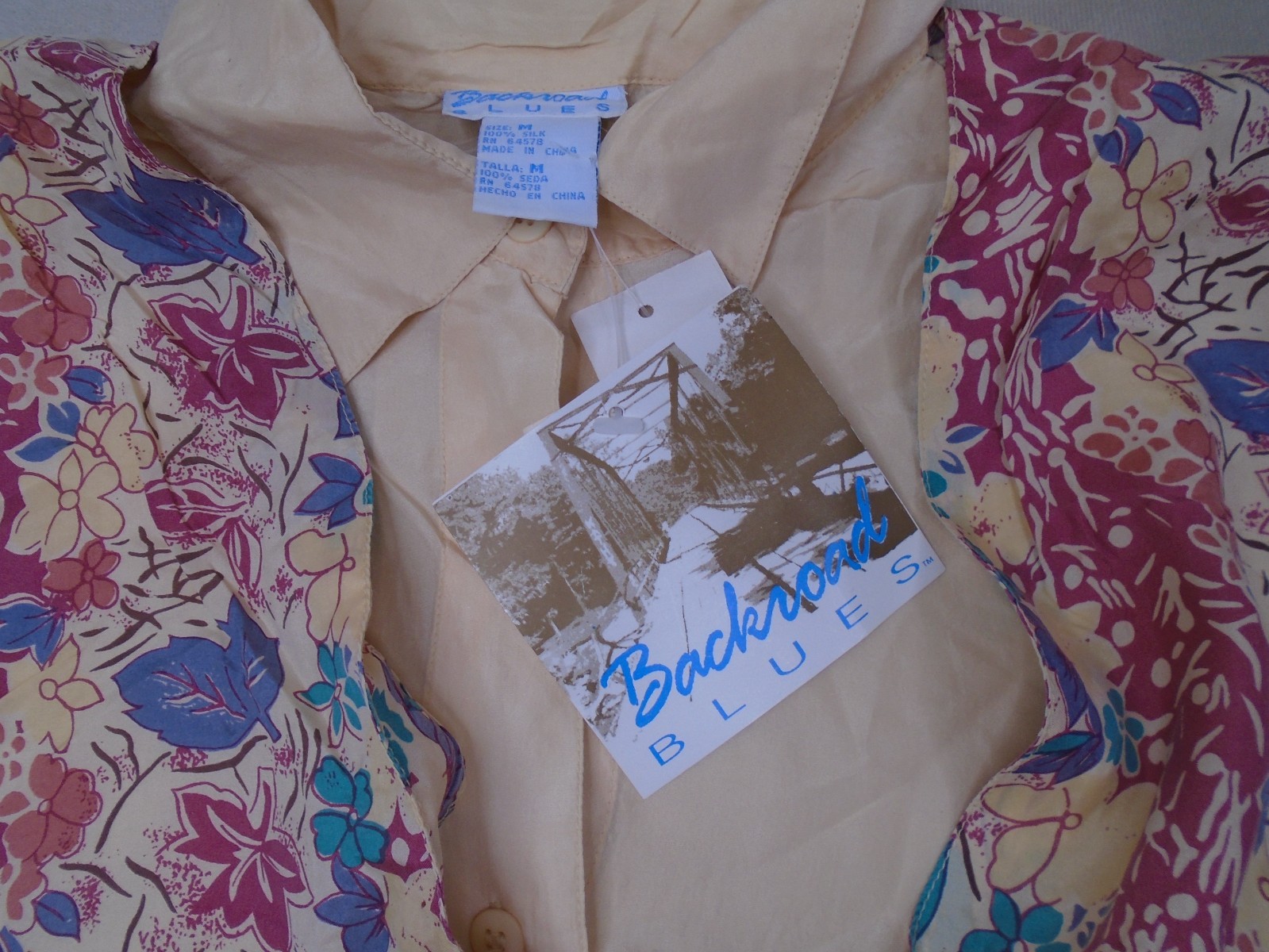 VINTAGE BACKROAD BLUES Womens Blouse Shirt Top Vest Silk Yellow Floral M NWT!