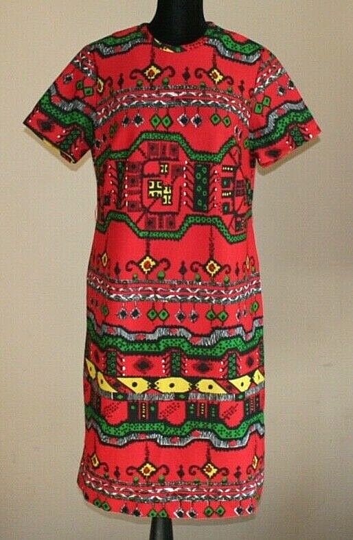 Vintage Dress Sheath Shift 1960s 1970s Mod Print Size Medium 8 10 Graphic Vtg