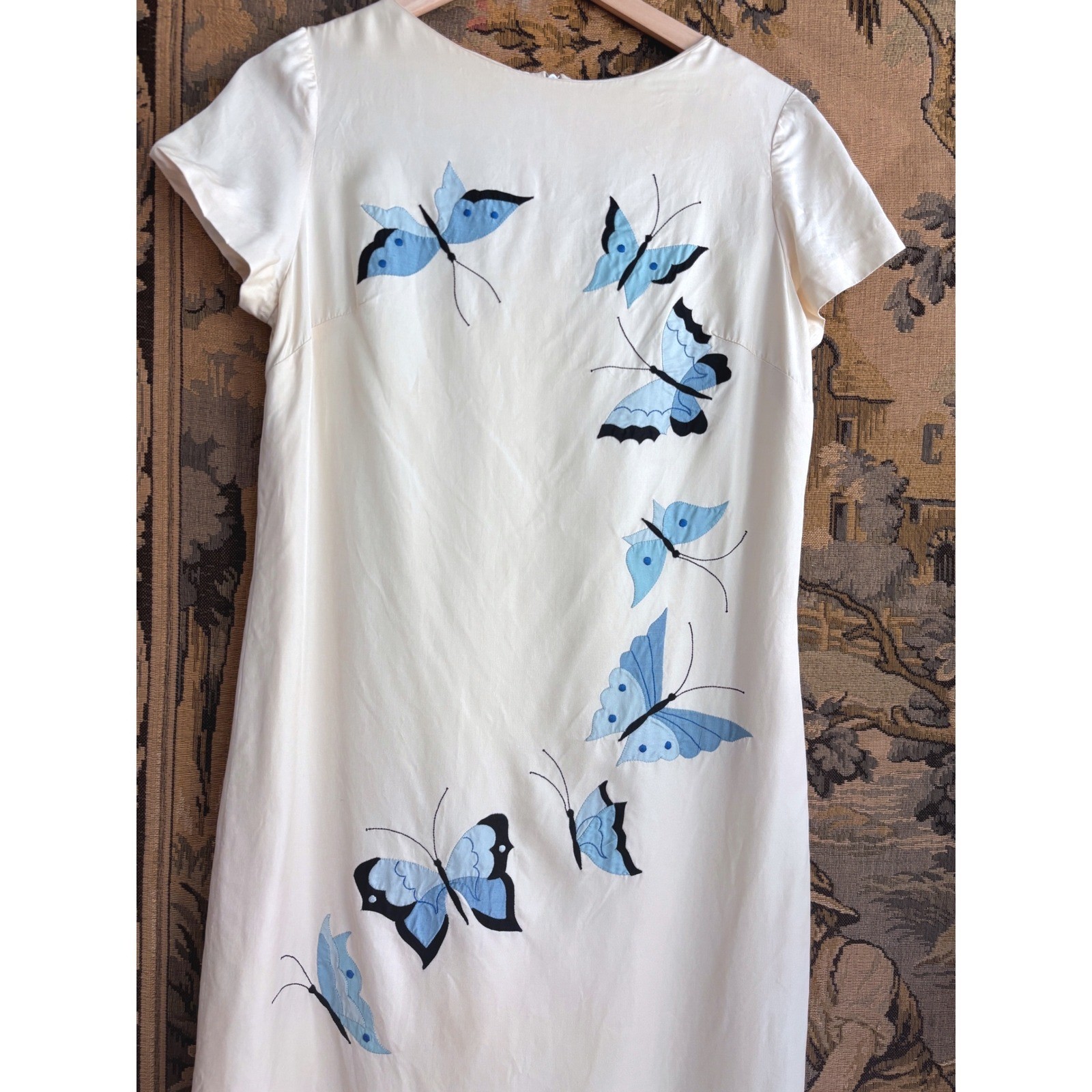Vintage 60s Phyllis De Trano Cream Butterfly Applique embroidered shift Dress