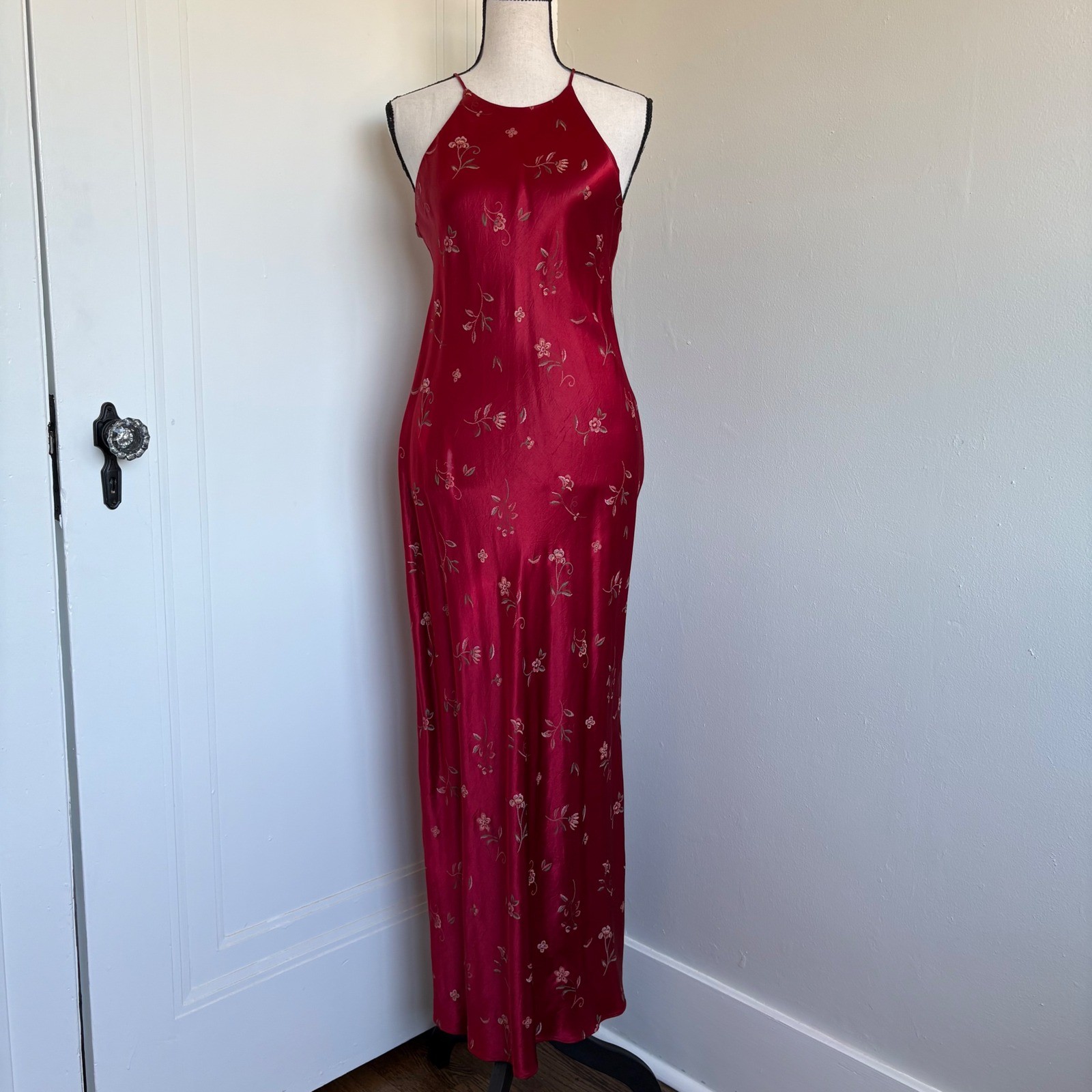 Vintage Breakin Loose Red Floral Satin Halter Maxi Dress 90s Grunge Size 11/12