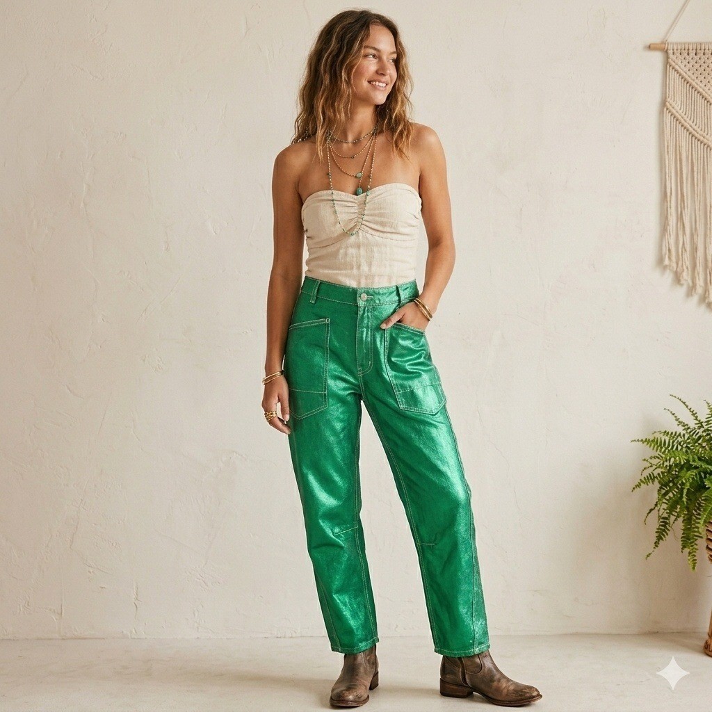 New We The Free Jeans Barrel Moxie 34×26 Metallic Green Low Slung Horseshoe NWOT