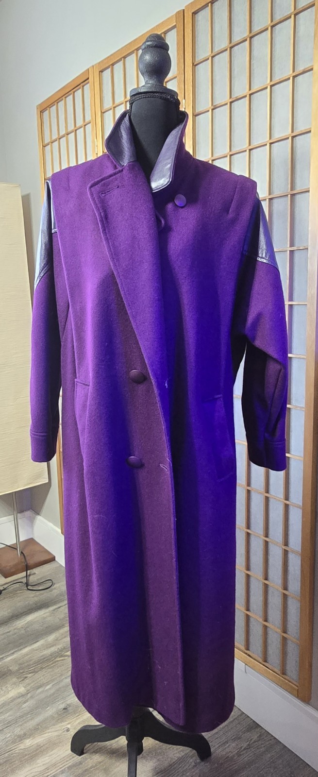 Vintage 1980’s Purple Wool And Leather Coat Women Medium Large