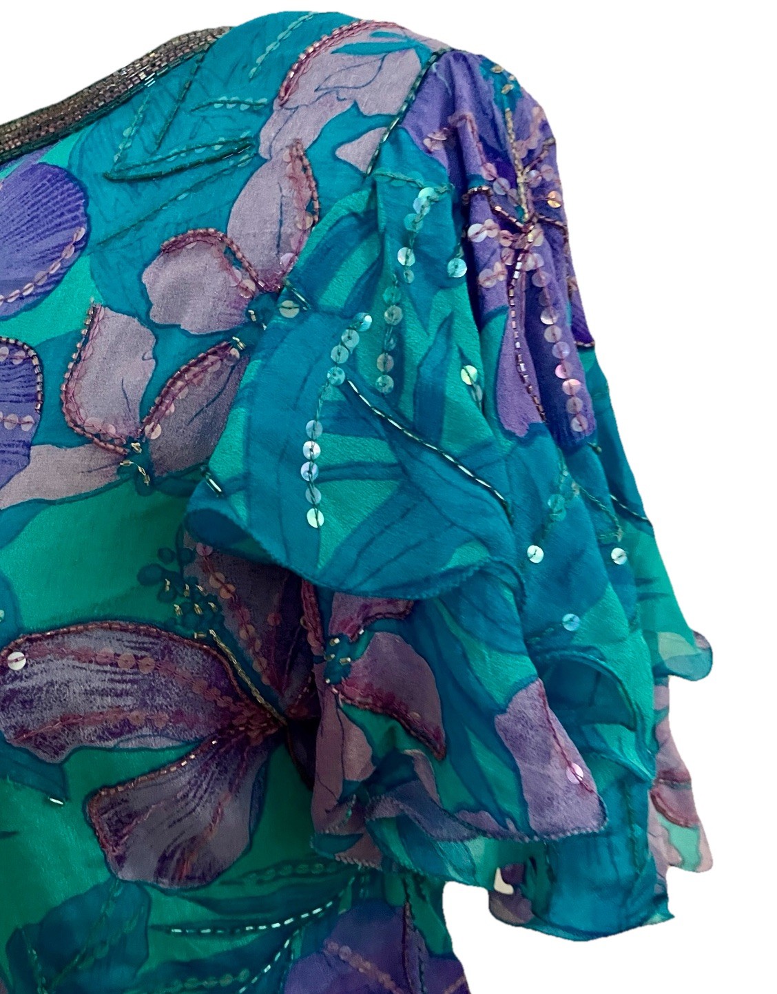 JUDITH ANN CREATIONS Vintage 80’s SILK Beaded TROPICAL Floral BLOUSE Size Small