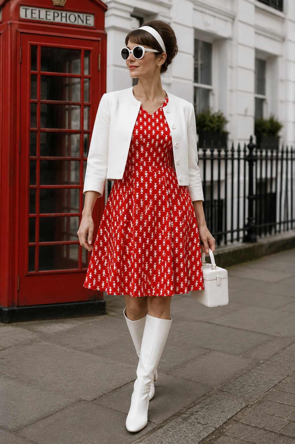 Vintage 60s Twiggy Dress Red White Graphic Pattern A Line Retro Sundress 38-42