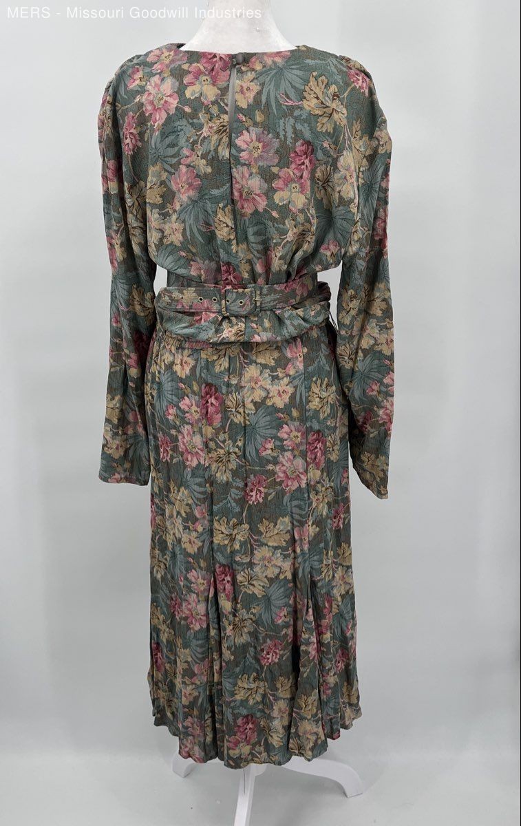 Michelle Stuart Womens Green Floral Pattern Long Sleeve Dress With Belt Size 6