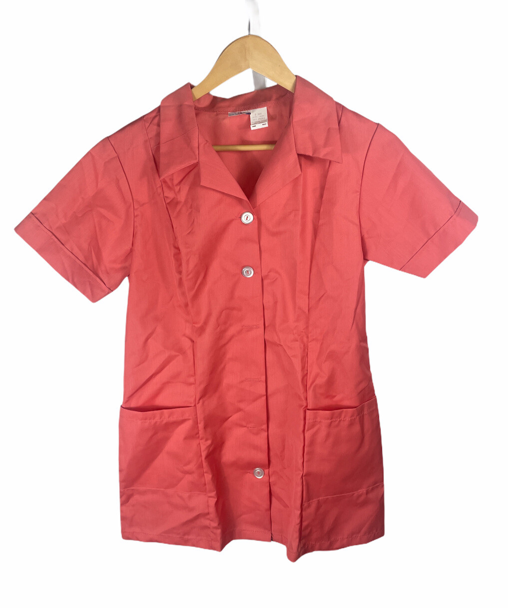 Vintage 70s Fashion Seal Shane Collared 2 Pocket Peach Nurse Scrub Shirt Size 14