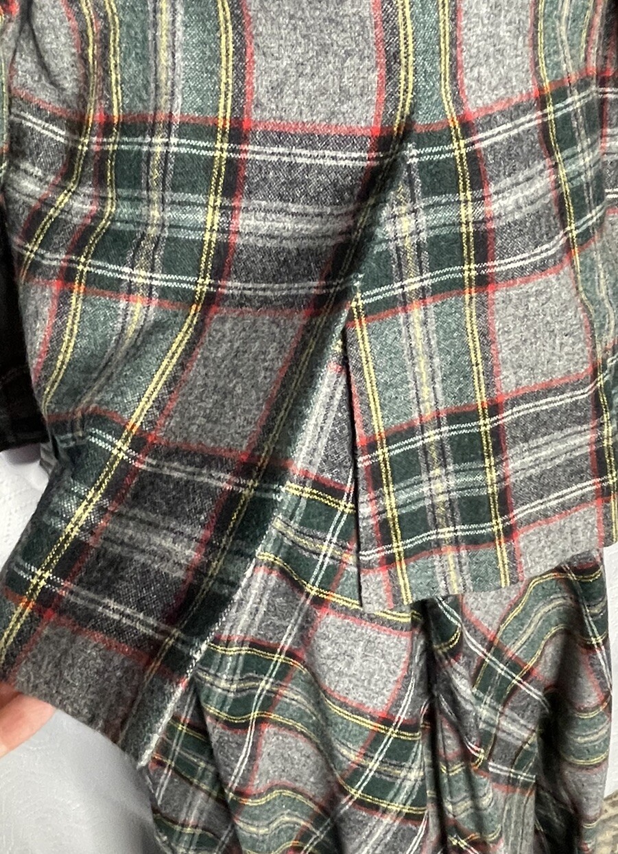 Vintage 70s Maxi Skirt Blazer Suit Wool Plaid 9/10 Wide Lapels Gray Green Red JH
