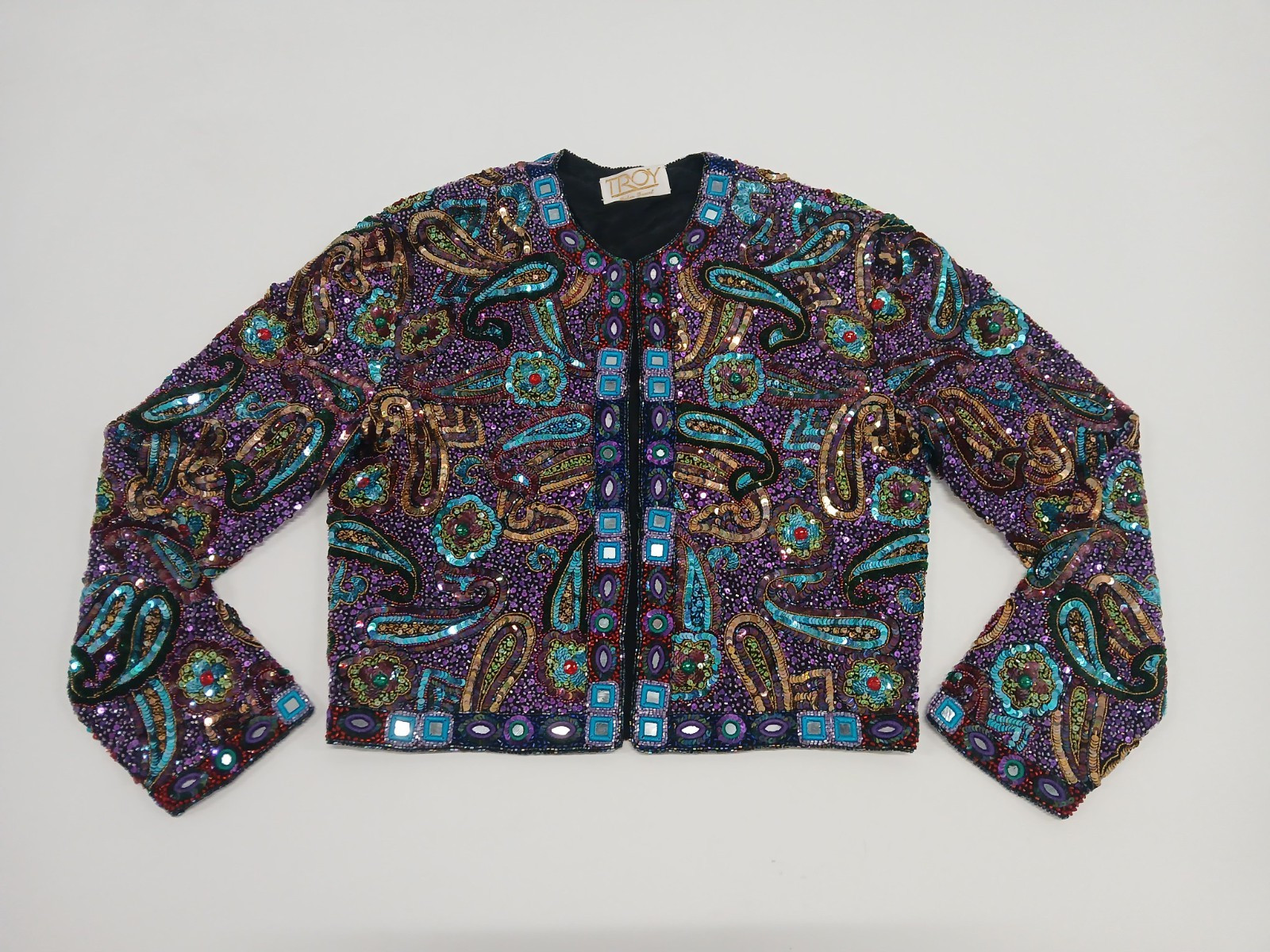 VTG Troy Trophy Bolero Jacket Cropped Beaded Sequin Mirror Art Wear Sz S Boho