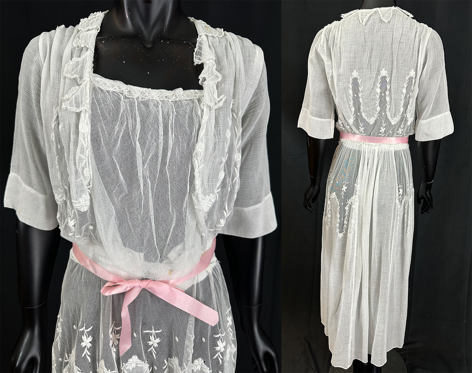 Edwardian Sheer White Net Cotton Batiste Embroidered Pink Ribbon Tea Dress VTG