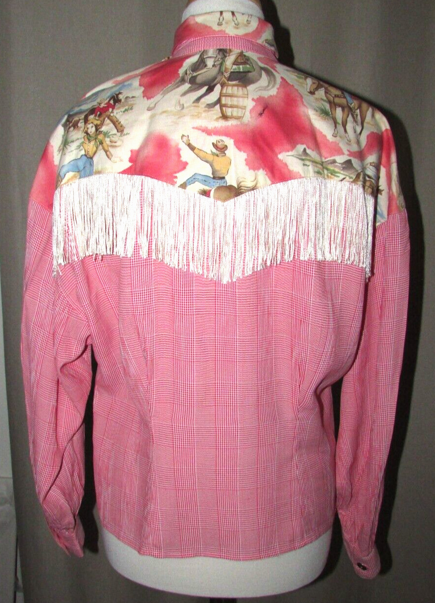 Vintage PINK Fringed Western Long Sleeve Blouse with Scarf Pamela Brandt USA 8