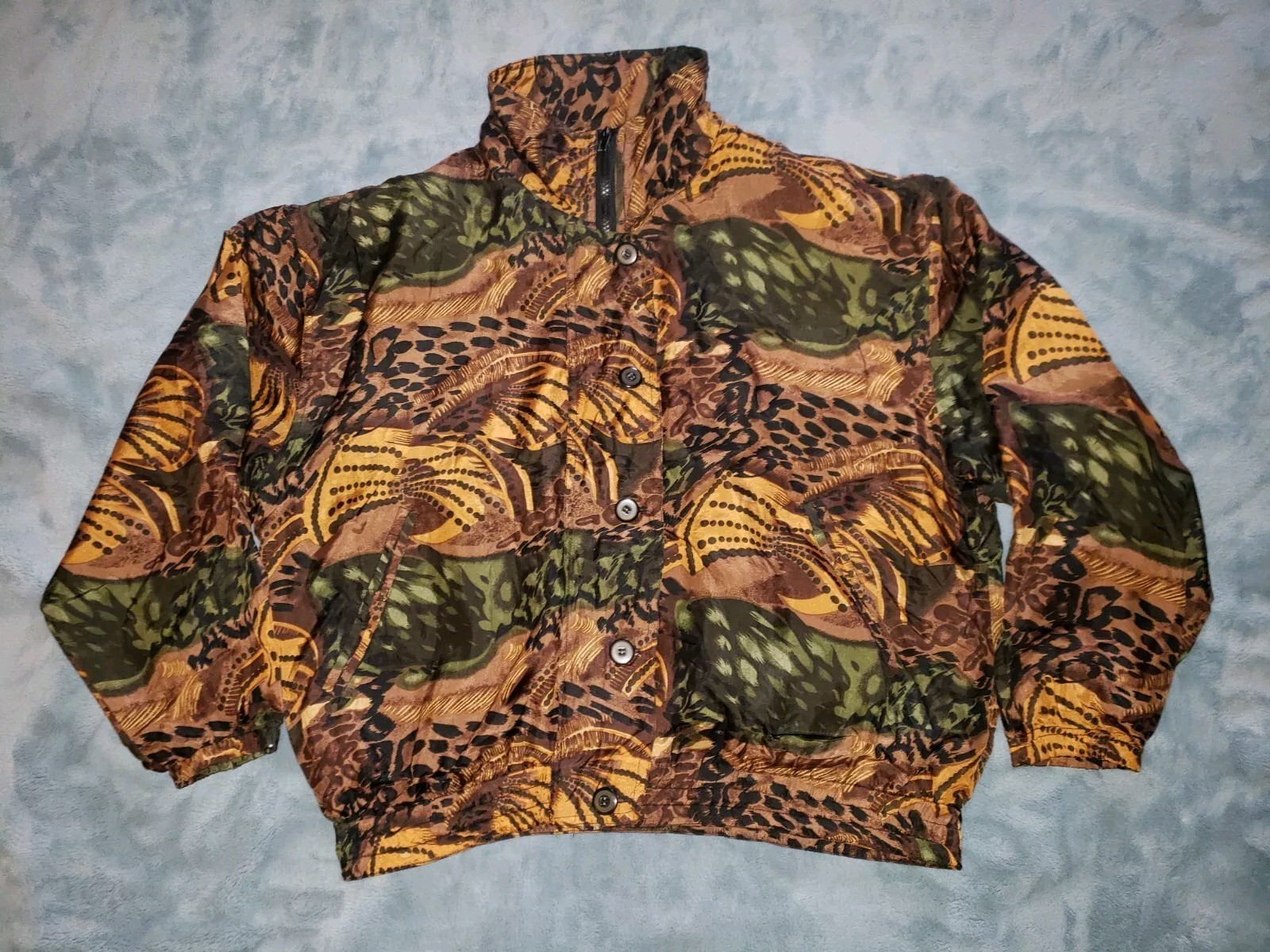 Vtg 90s Womens Stunt Sports Jungle Forest Silk Windbreaker Bomber Jacket Brown