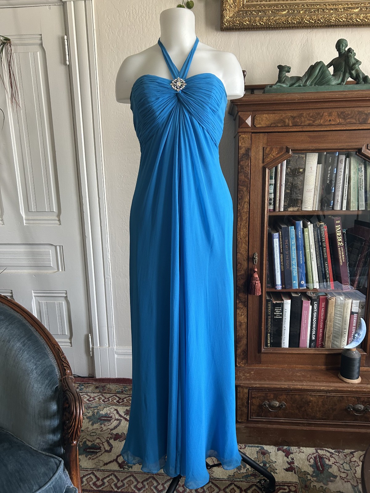 Vintage Y2K Laundry Shelli Segal Aqua Blue Silk Halter Maxi Dress Formal Fairy