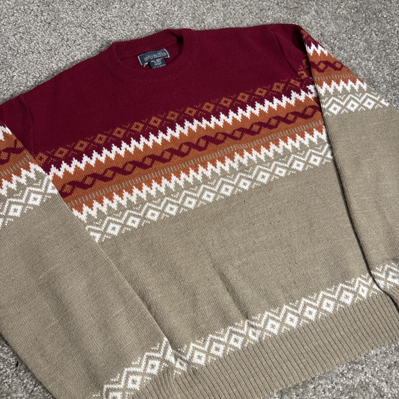 Vintage 1970s Sigallo Geometric Pattern Red Orange Acrylic Knit Sweater Boho Med