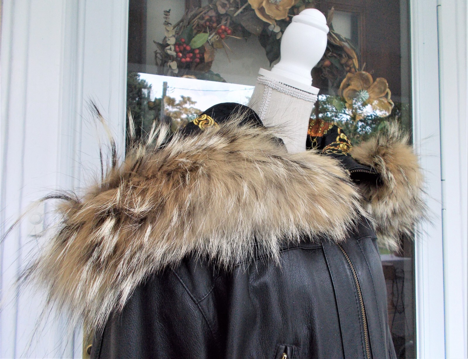 Vntg Jacqueline Ferrar Genuine Leather Jacket Coat Black W/Coyote Fur Hood L/XL