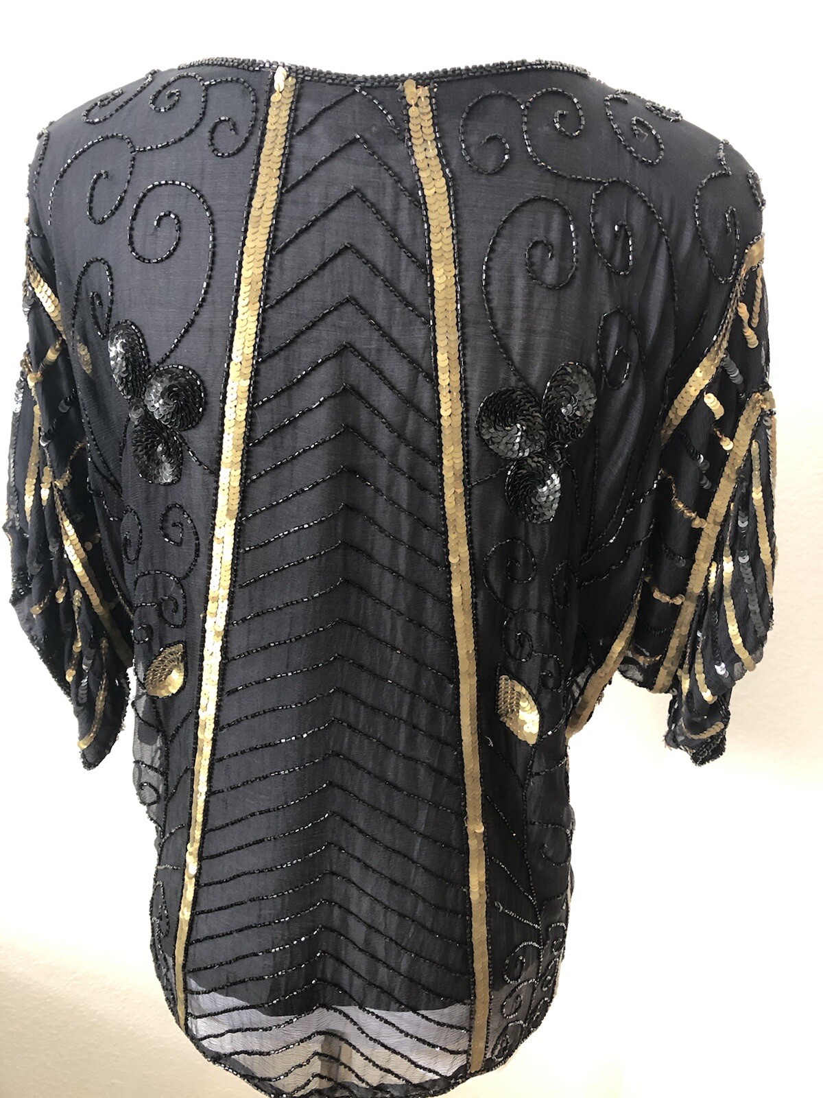 Vtg Beaded Sequin Top Black Gold Bougie Batwing Glam Festival Club Silk Showy M