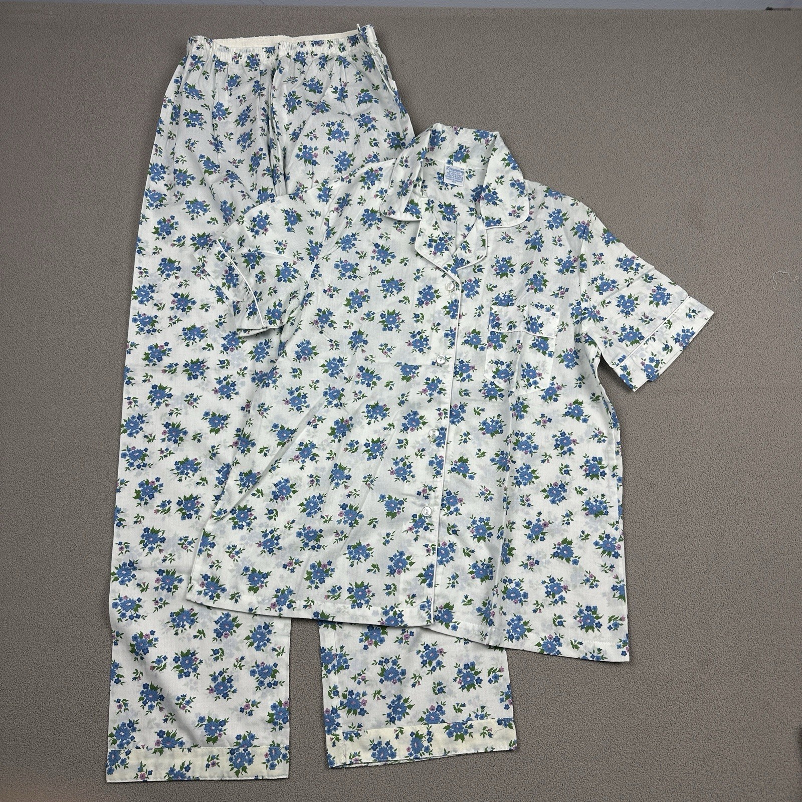Vtg Dreamaway Pajama PJ Set Top & Pants Blue White Flowers Sanforized Sz 34