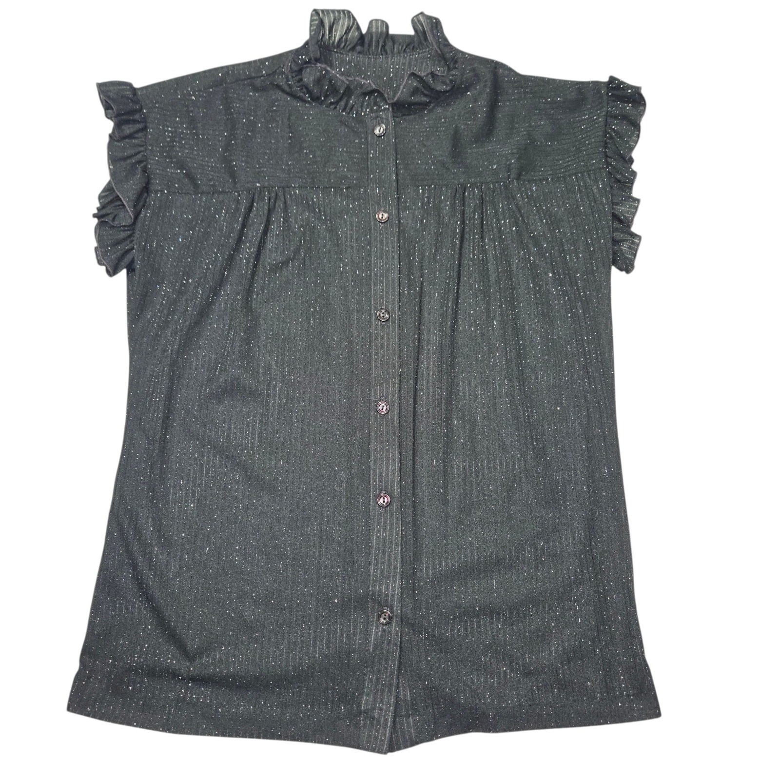 VTG Ruffle Neck Flutter Sleeve Blouse Black Shimmer Metallic Sz M 18.5×24.4