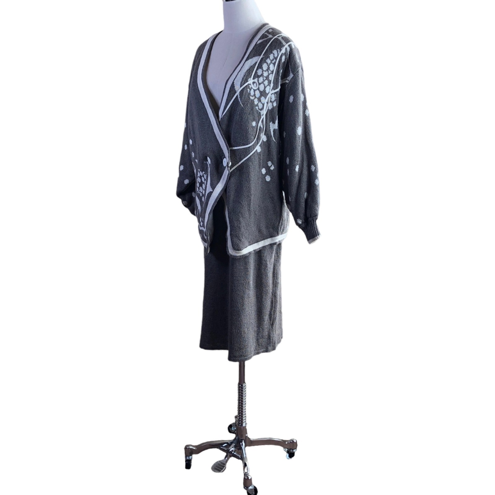 Vintage Austria Skirt Suit Cardigan Womens 8 Gray Cotton Silk Tailored Knit