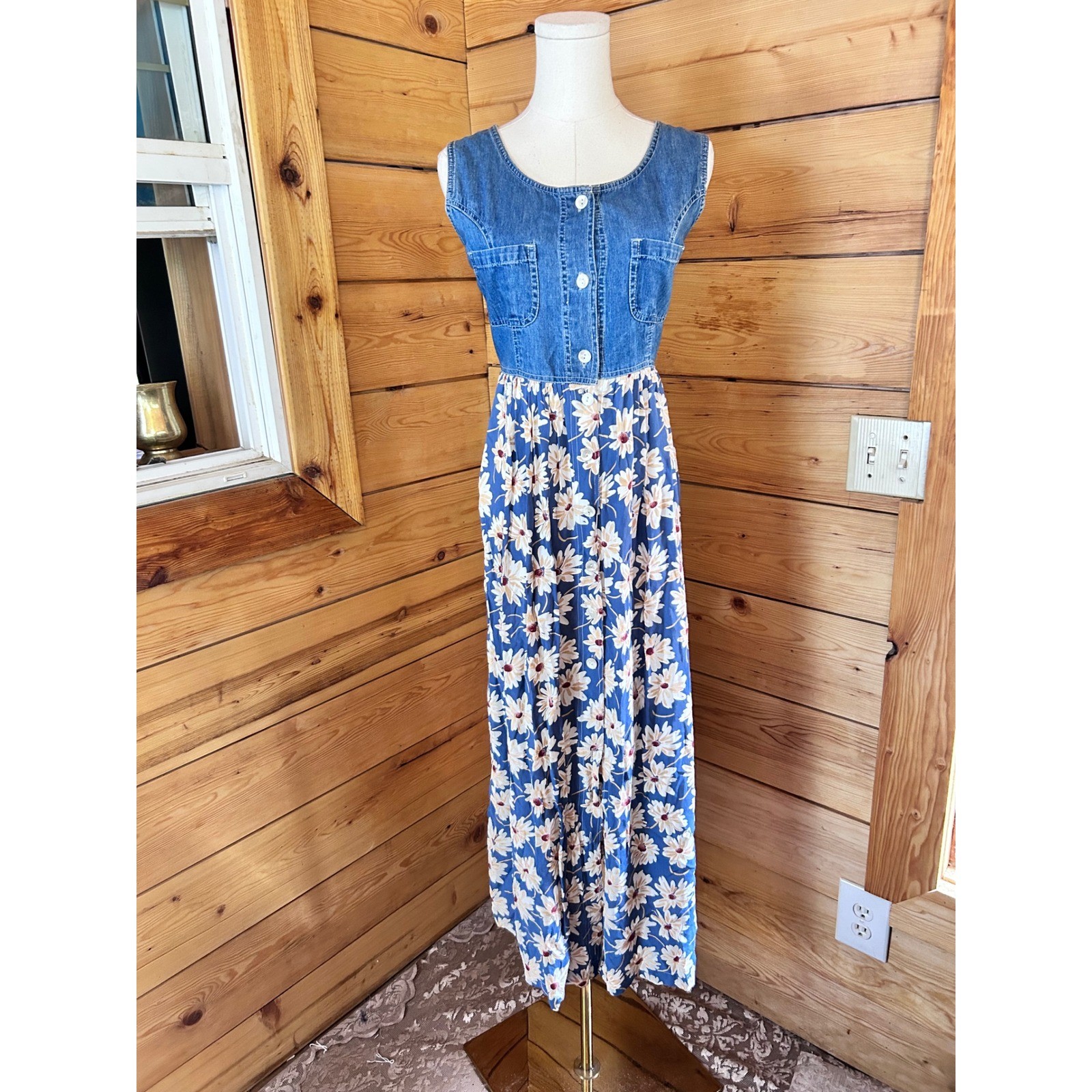 Vintage Denim Daisy Print Maxi Dress Womens Large Blue 90s Grunge Cottagecore