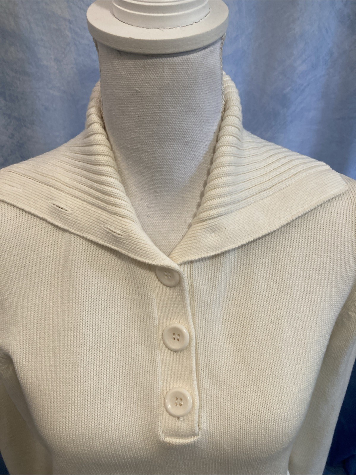 Vtg 90s Y2K August Silk Sailor Collar Sweater Womens M Ivory White Cotton Knit