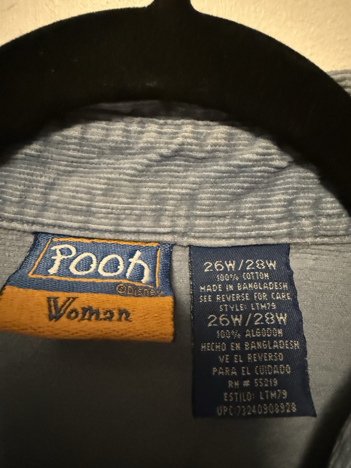 Vintage Baby Blue Disney Pooh Women’s Corduroy Botton Up Size 26/28W Plus size