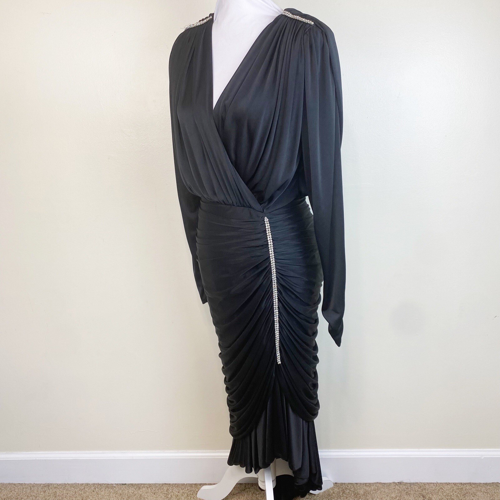 Vintage 80s Black Rhinestone Embellished Disco Cocktail Dress Size Small