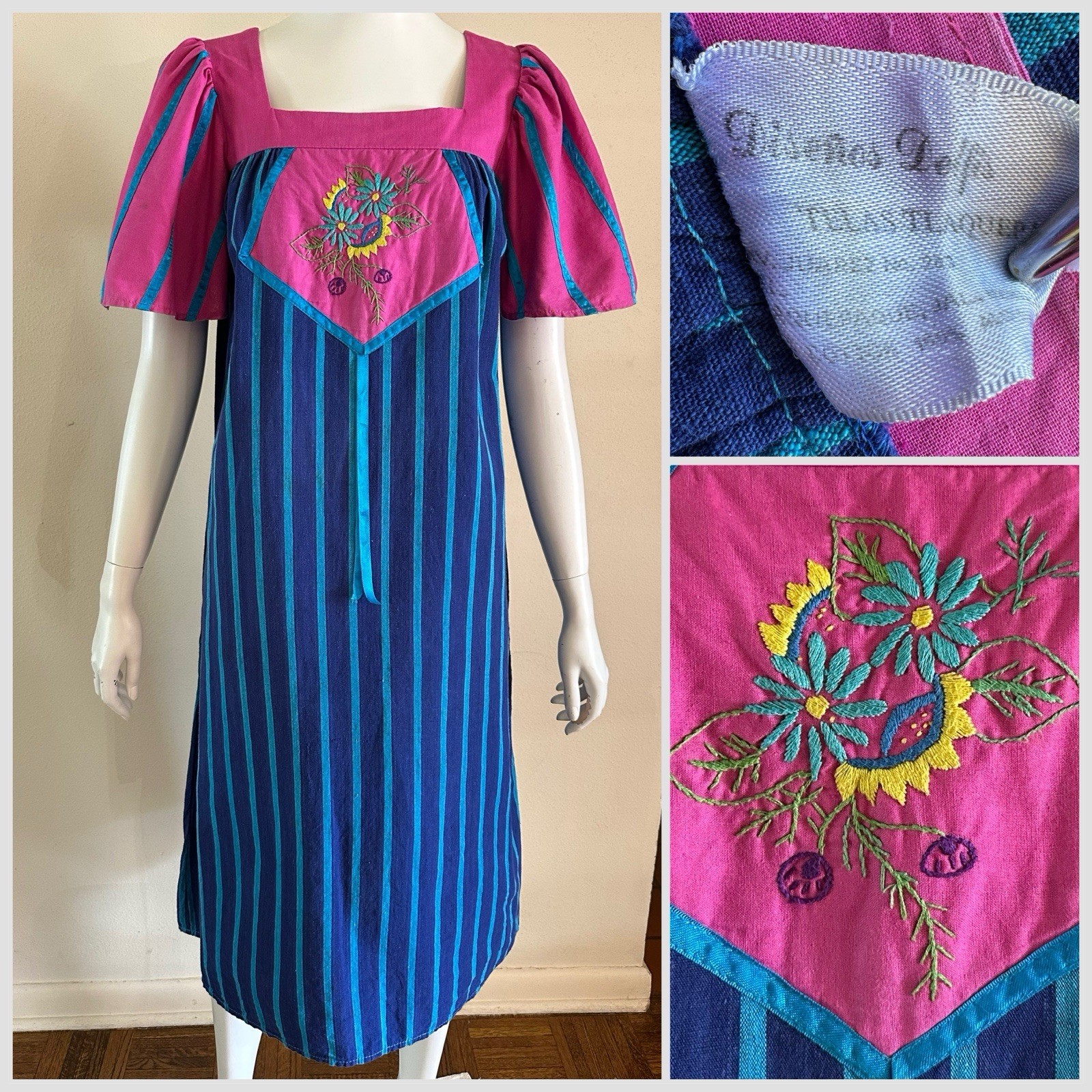 1970s Mexican Huipil Dress Embroidered Floral Pink Blue Stripe Cotton M Vintage
