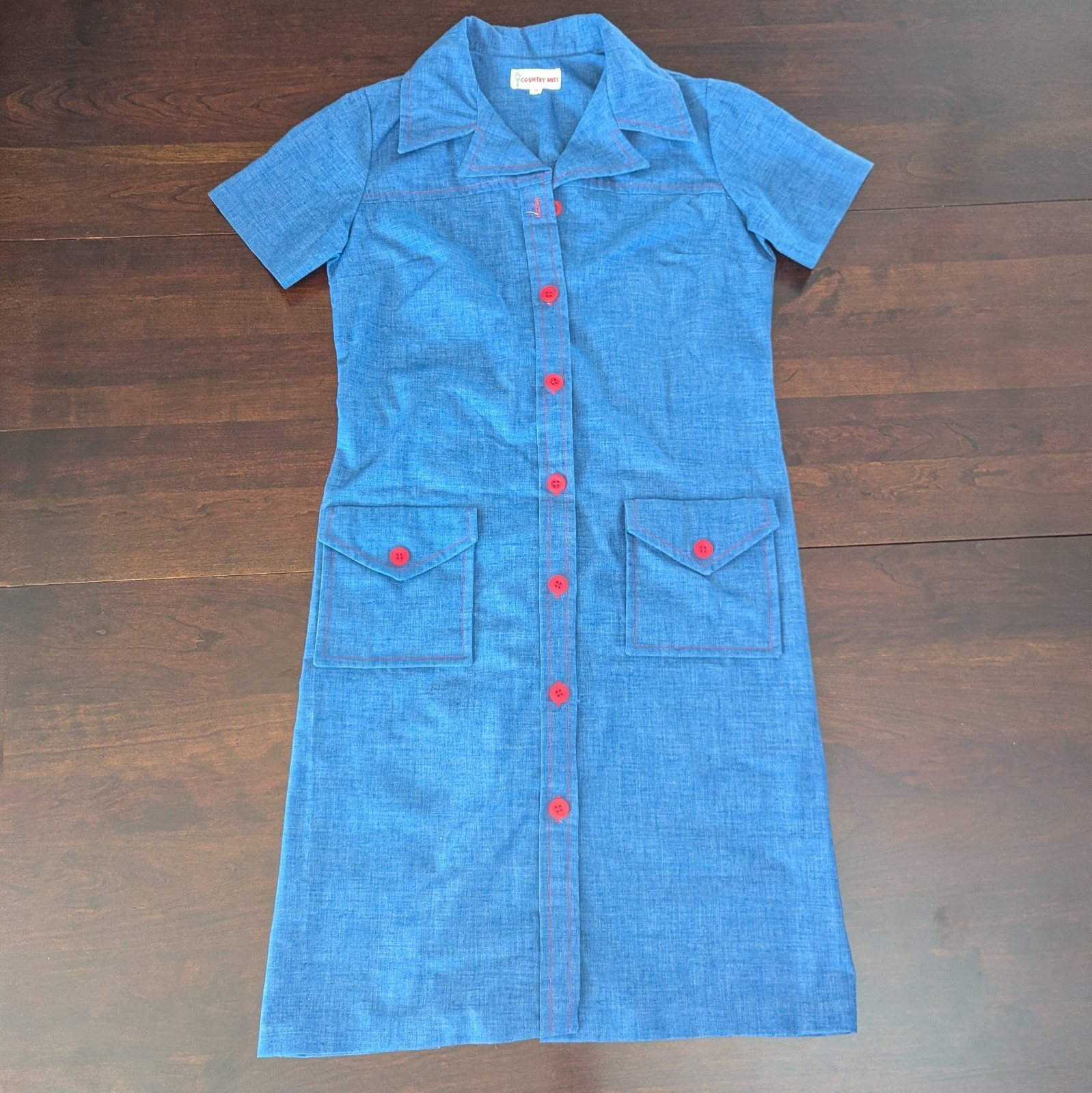 Vintage Country Miss Womens 16 Blue Denim Collared Dress Red Cowgirl Western